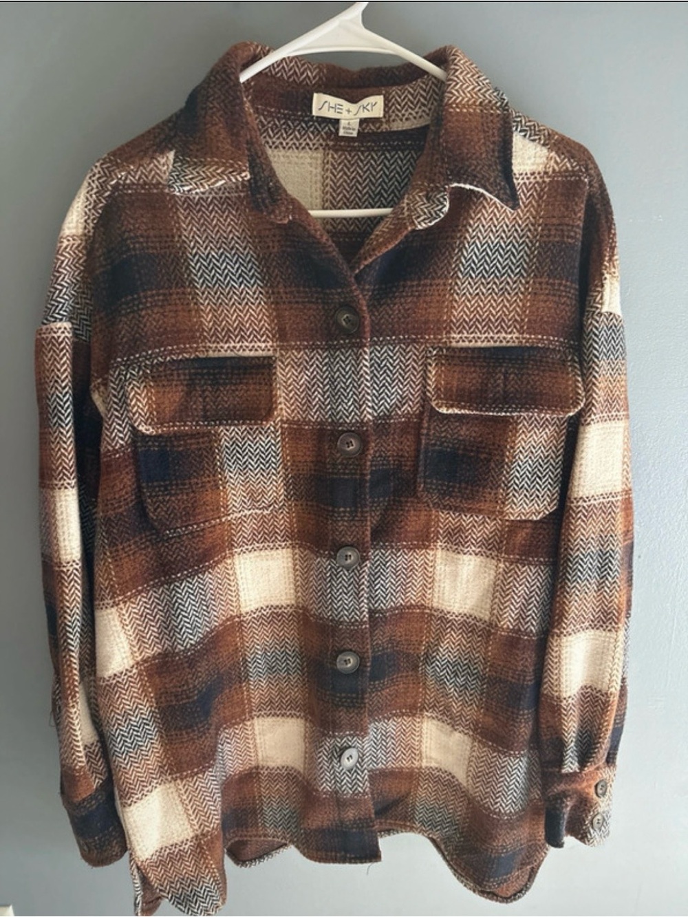 She + Sky Women’s Brown Plaid Button-Up Shirt Jacket